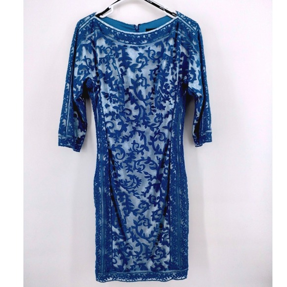Tadashi‎ Shoji Blue Lace Overlay Sheath Dress Women's Size 4